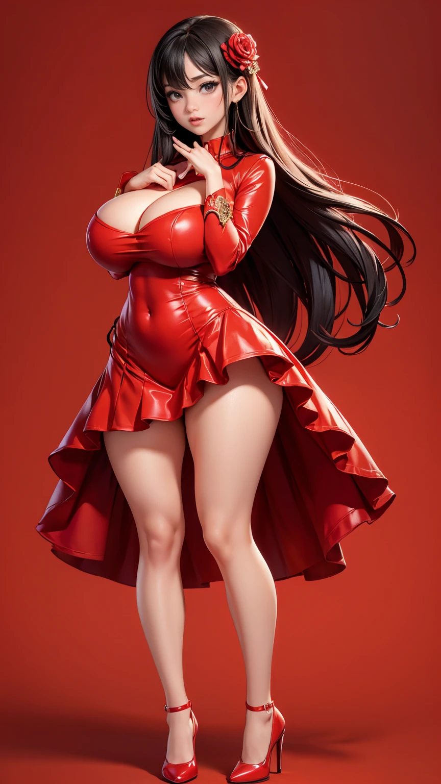 (full_body)、Woman、red_background、(big_breasts:1.5)、Detailed、POP、vivid、pose、sexy_dress:1.5、Open chest