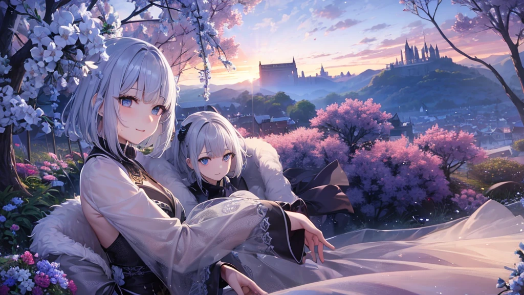 Ultra HD,Look at the viewers, Put your hands behind your back, With a girl, 20-year-old, 非常にShort Hair, Long bangs between the eyes, Pale blue eyes, Very detailed,(masterpiece、Highest quality),Gray Hair、Laughter、Fantastic, Silver Hair, Iris, Short hair、 Fluttering Hair、Small Face、明るいsmile、(Detailed face) ,Professional Lighting,Wonderful landscape,blue sky, sunlight,Looking down from above,Portraiture、Open your mouth、Flower Field、Her eyes were shining、Mysterious and enchanting atmosphere。With AI Painting、とてもShort Hair, Long bangs between the eyes, Very detailed,(masterpiece、Highest quality)、alone、Gray Hair、Fantasy, Silver Hair, Fantasyな風景、White shirt、smile、Open your mouth、short hair、Short Hair、hairpin、black eye、Grey Eyes、Beautiful Eyes、