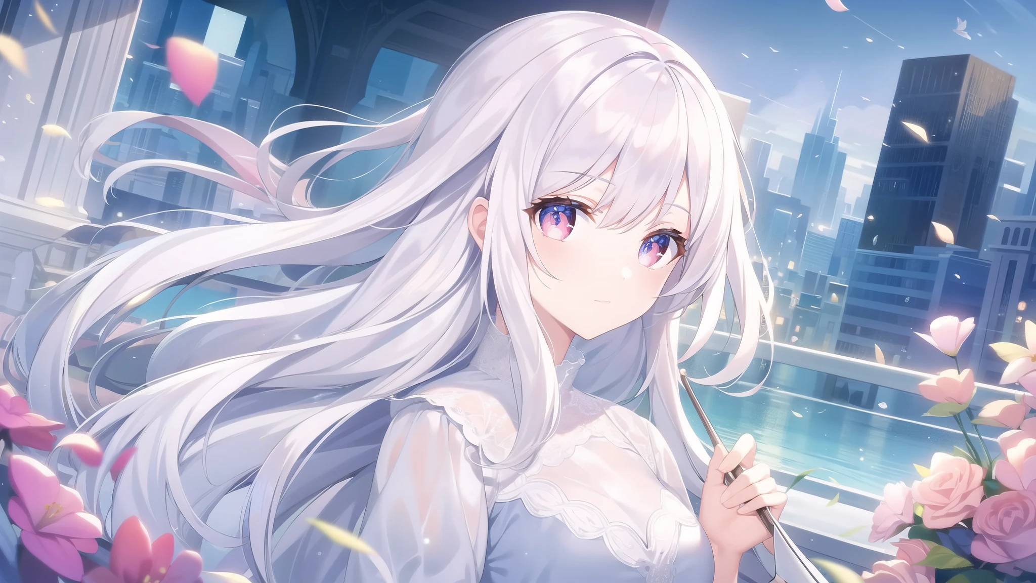 ((masterpiece, best quality))++, Detailed lighting+, Detailed hair+, Detail hand+ ,1 girl, Miss, Long hair, Crimson eyes, beautiful eyes, young white hair,,(Beautiful white hair:1.5),(Beautiful and delicate eyes), high resolution+,glass tint, Reflective eyes, {{angle}} , Very detailed wallpaper, The original, ,Sea of Flowers,Air bangs,city road,Extremely beautiful CG,image size 16:9