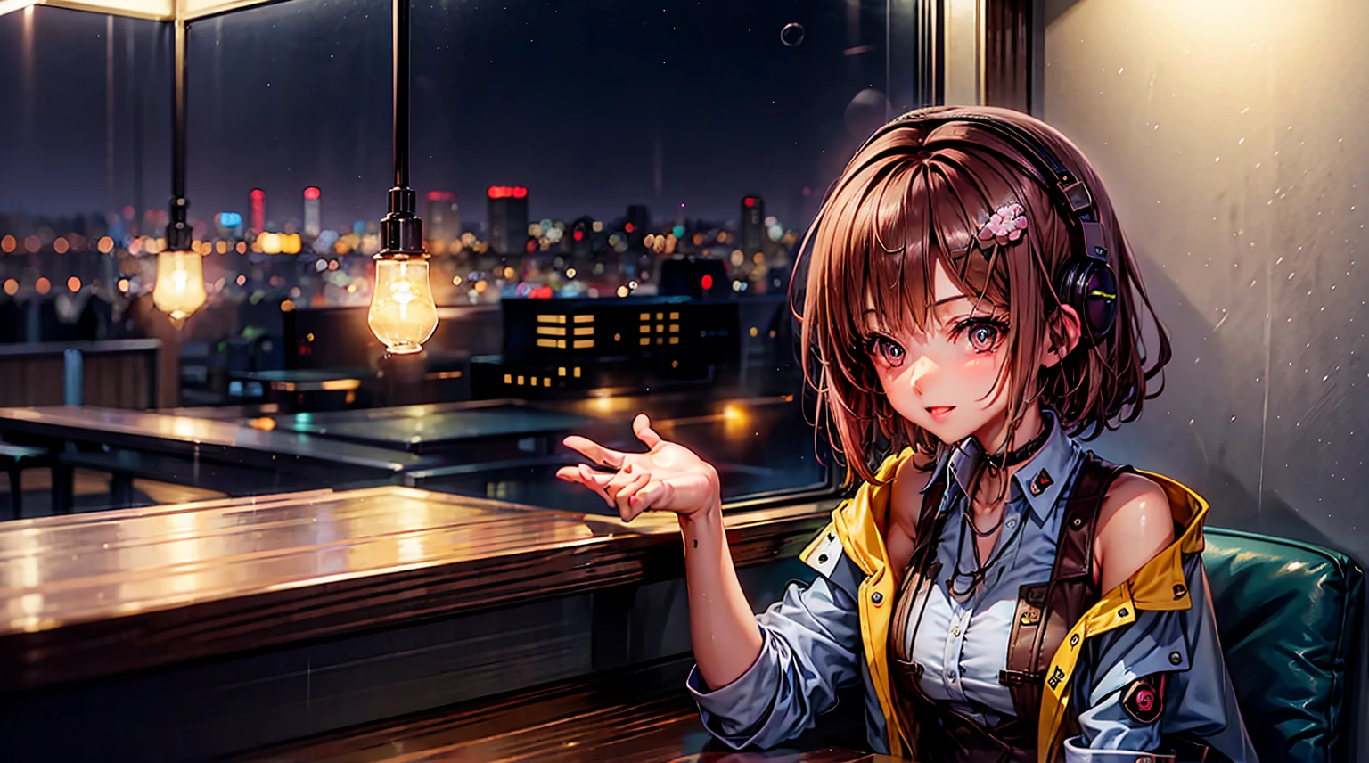 20-year-old female, 90s anime style, rain, coffee shop,, Woman wearing headphones, Late Night Cafe,Listening to music alone, City Pop, low quality, Lo-Fi, Chill, late 夜, Stylish cafe counter seats, Dark Room, Futuristic night view outside the window, Dark Room