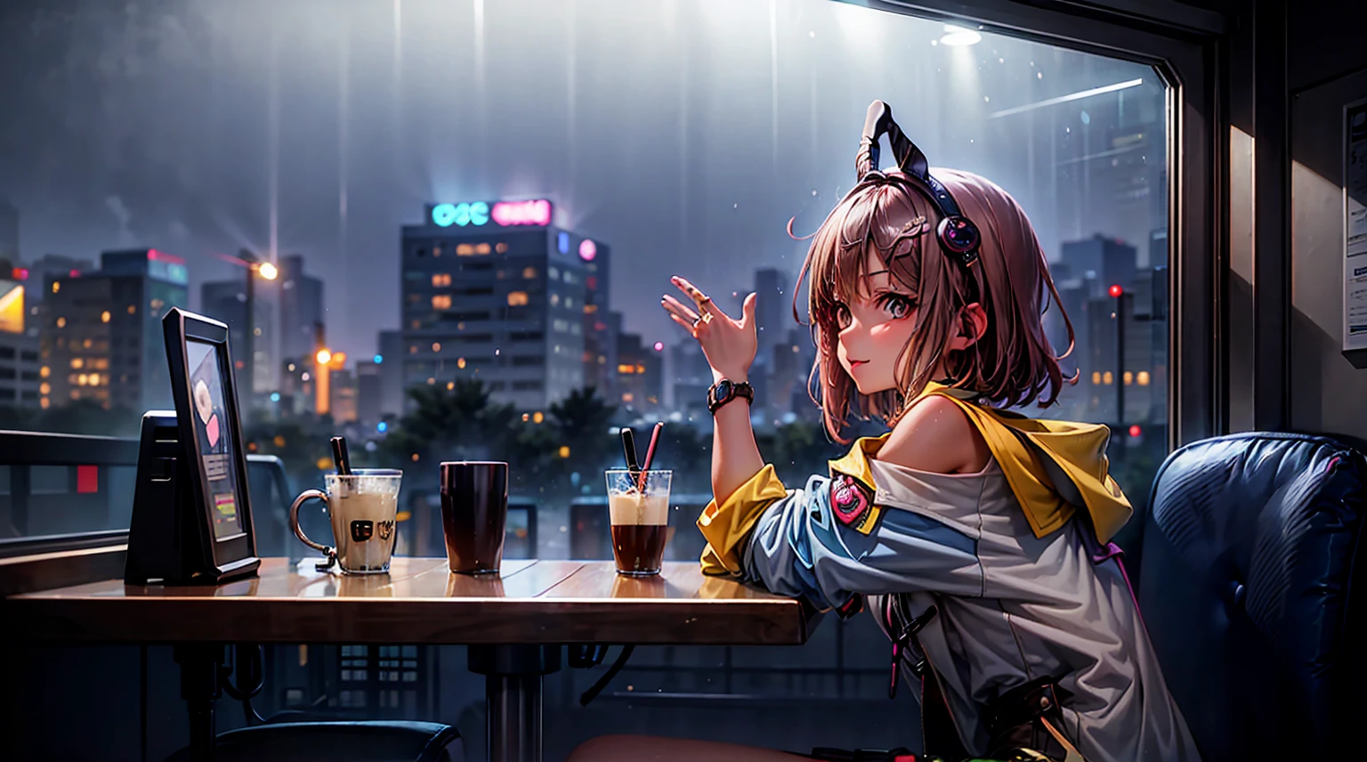 20-year-old female, 90s anime style, rain, coffee shop,, Woman wearing headphones, Late Night Cafe,Listening to music alone, City Pop, low quality, Lo-Fi, Chill, late 夜, Stylish cafe counter seats, Dark Room, Futuristic night view outside the window, Dark Room