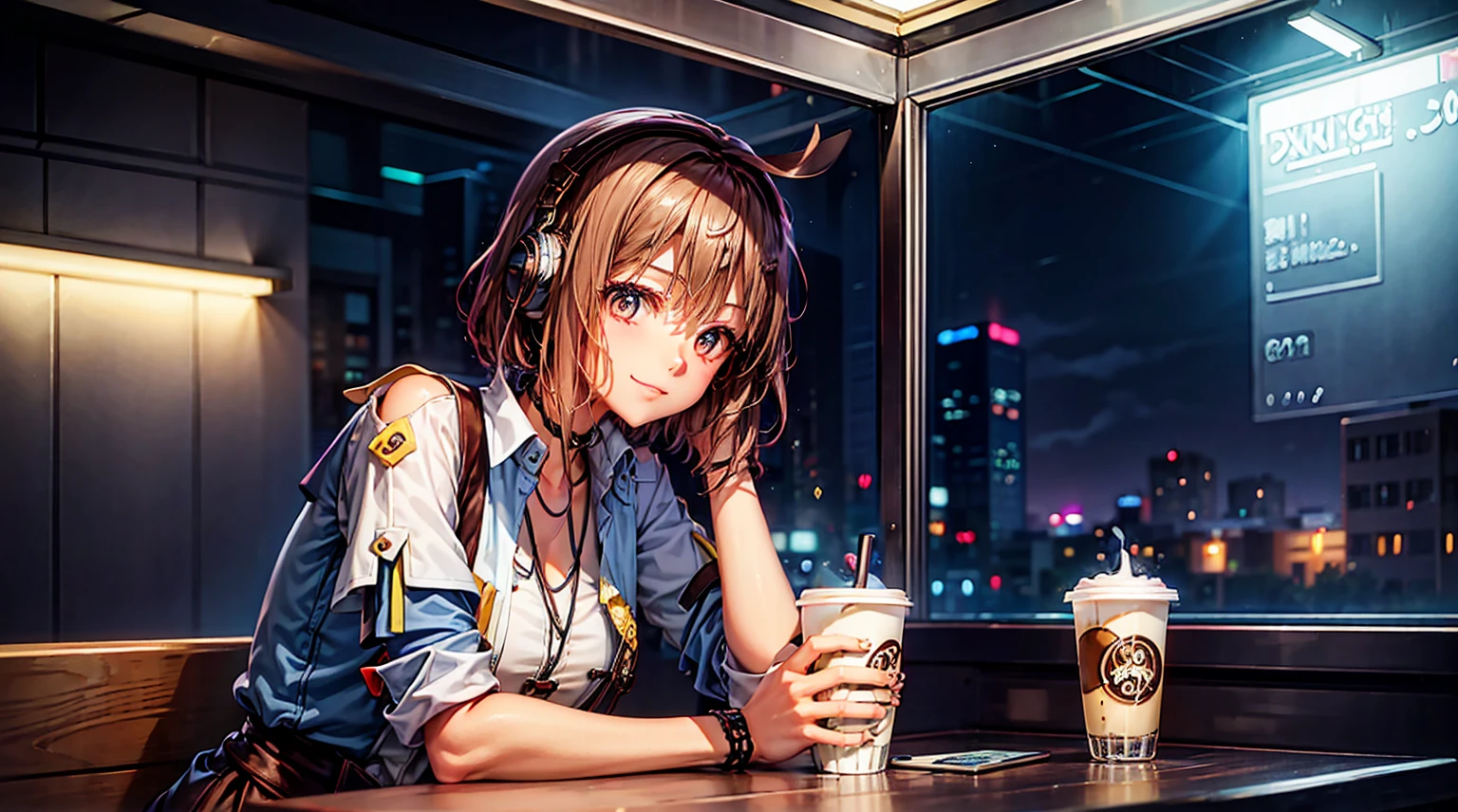 20-year-old female, 90s anime style, rain, coffee shop,, Woman wearing headphones, Late Night Cafe,Listening to music alone, City Pop, low quality, Lo-Fi, Chill, late 夜, Stylish cafe counter seats, Dark Room, Futuristic night view outside the window, Dark Room