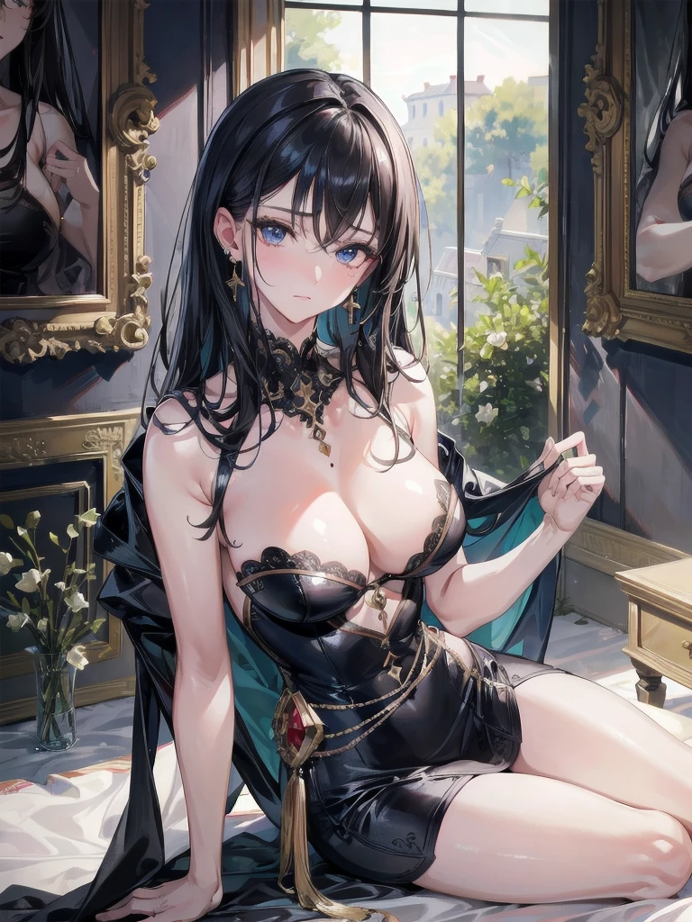 absurdres, RAW photo, extremely delicate and beautiful, masterpiece, Best Quality, ultra high resolution, 32k, hyperrealistic, ultra-detailed, delicate facial features, beautiful detailed woman, tearful mole, earring, medium breasts, full body shot, medium hair, black hair, Detective costume,