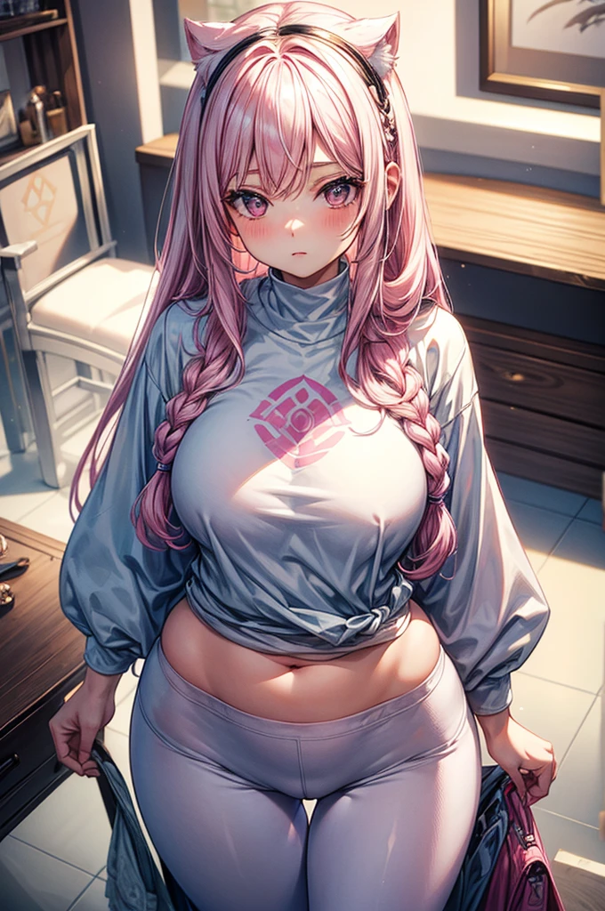 masterpiece, highly detailed, (1girl), white-pink hair, pastel colors, cozy atmosphere, natural lighting, waist high leggings, oversized T-shirt, 16 year old teenager, soft facial features, short height(150cm), short-stack body type, hip-level shot, plump yet fit body type