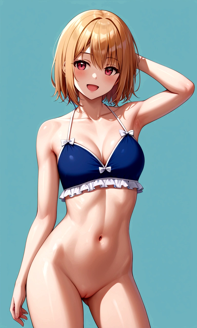 1girl, (armpit), swimsuit, frills, no panties, navel, (toned midriff:0.5), (single hair color), happy, (toned arms:0.1), (realistic armpit:0.1), looking away