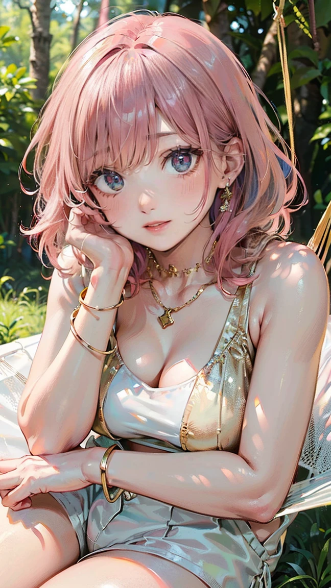 (Masterpiece, BestQuality:1.3), (ultra detailed:1.2), (hyperrealistic:1.3), (RAW photo:1.2), High detail RAW color photo, professional photograph, (Photorealistic:1.4), (realistic:1.4), (Pink Hair:1.5), professional lighting, perfect anatomy, (Big Breasts:1.2), (blush, detailed face), (cheerful Smile:1.5), Trending Hair&Trending Hairカラーをランダムに, earrings, necklace, bracelet, sexly, erotic sexly, Random sexy gravure poses, (Natural beauty in a light green halter top and white shorts、Smiling while swinging in a hammock in the forest、Gold Necklace、Lying down in a hammock。: 1.3)