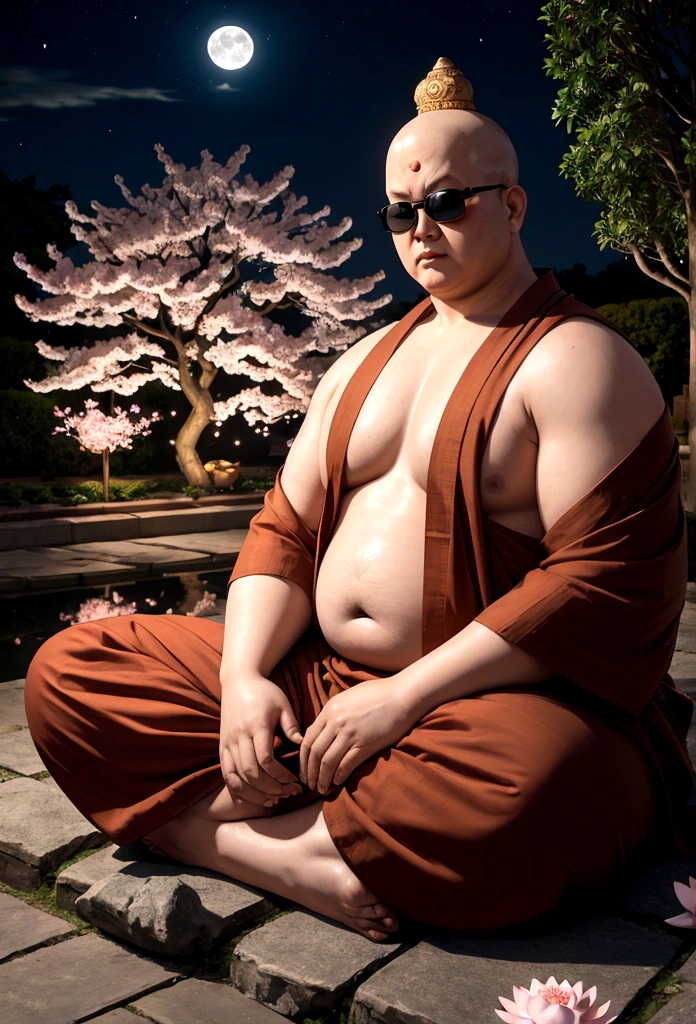 A slightly overweight monk is meditating, Cherry blossom garden at night, Full moon and lotus, close your eyes、The Buddha is watching、One Punch Man who gained some weight、sunglasses、Real、4K