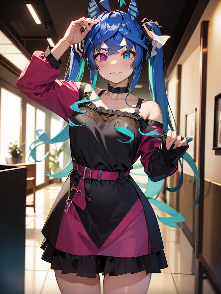 (​masterpiece、top-quality、hight resolution), A scene in which a customer meets a designated sex worker in a waiting room. The scene is seen from the customer's point of view and depicts the sex worker approaching with a professional and friendly smile. The waiting room is simple and has a rugged atmosphere. The sex worker is wearing an attractive cocktail dress and is confident and charming. The sex worker says to the customer, "I'm not a sex worker. Come on, the room for fucking is this way. Let's get fucked!" Twin_Turbo_Umamusume, aqua hair, twintails, heterochromia, purple eyes, blue eyes, sharp teeth, multicolored hoodie, hores tails, nsfw, Glossy Dresses