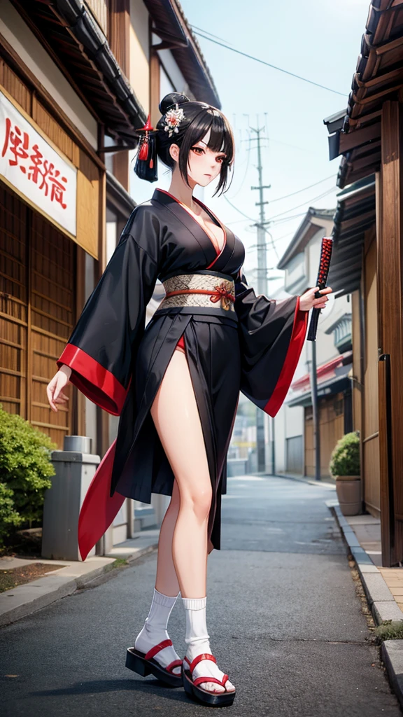 Black hair geisha hairstyle adult women，kimono，cleavage，long skirt，Bare Legs，White socks，Straw sandals，Samurai sword，Japanese shogunate era streets