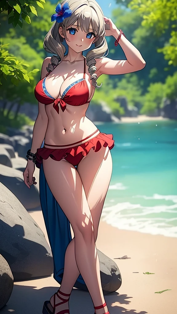masterpiece, best quality, 1 solo girl, gray hair, blue eyes, long hair, medium breasts, sexy body and face, wavy hair, smile, parted lips, bikini, red bikini skirt, navel, sandals, cleavage, collarbone, bare shoulders, jewelry, bracelet, blue scarf, ribbon, hibiscus, frills, sleeveless, hair flower, toeless footwear, outdoors, summer, sexy pose, cowboy shots, detailed body, face, and eyes, sharp focus, vibrant, creative, dynamic, high definition, high resolution, 8k, (Upscale: R-ESRGAN 4x+ Anime6mage enchance:4x), voluptuous body, cinema lightning, dakimakura style, looking at the viewer, drill hair, twin drills
