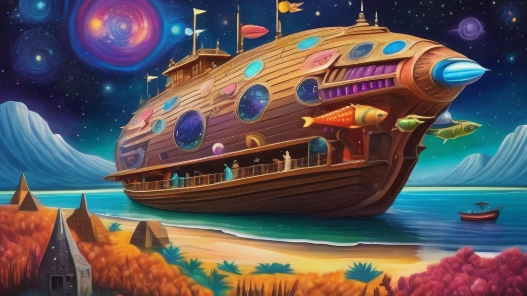 (Expressionism:1.3), (retrofuturistic spaceship in the shape of Noah's Ark:1.2) with portholes and cannons, (exotic animals around), fishes, amidst the vast cosmos of thoughts and ideas, breathtaking, shiny stars, vivid colors, cosmic scenery