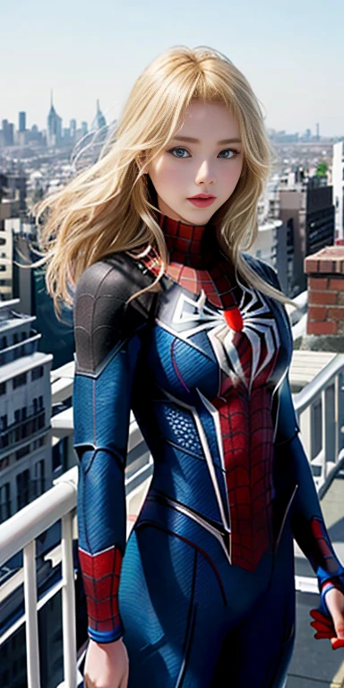 Highest quality、8K、One Woman、front、The whole body is shown、Wearing a Spider-Man suit、Real Face、Blonde、Blue Eyes、beautiful、20代beautifulの女性、Looking at the city from the rooftop of a building