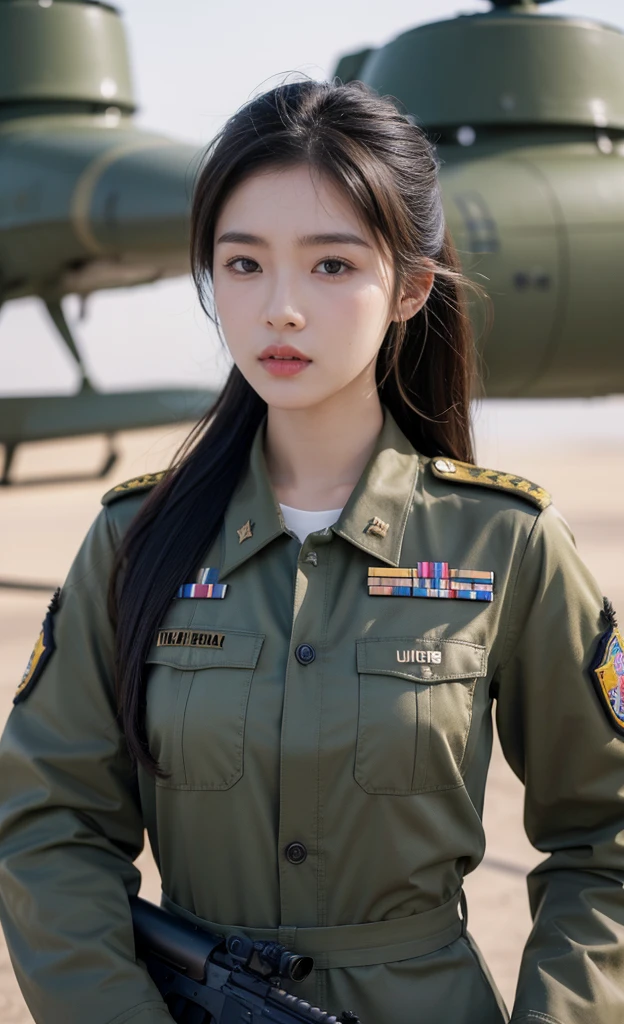 Photorealism、HD resolution,Realistic skin texture、20-year-old Korean female soldier in the United States and China,full-body shot,Beautiful and delicate face,Wearing sexy military uniform,Automatic Rifle,Military helicopter in the background