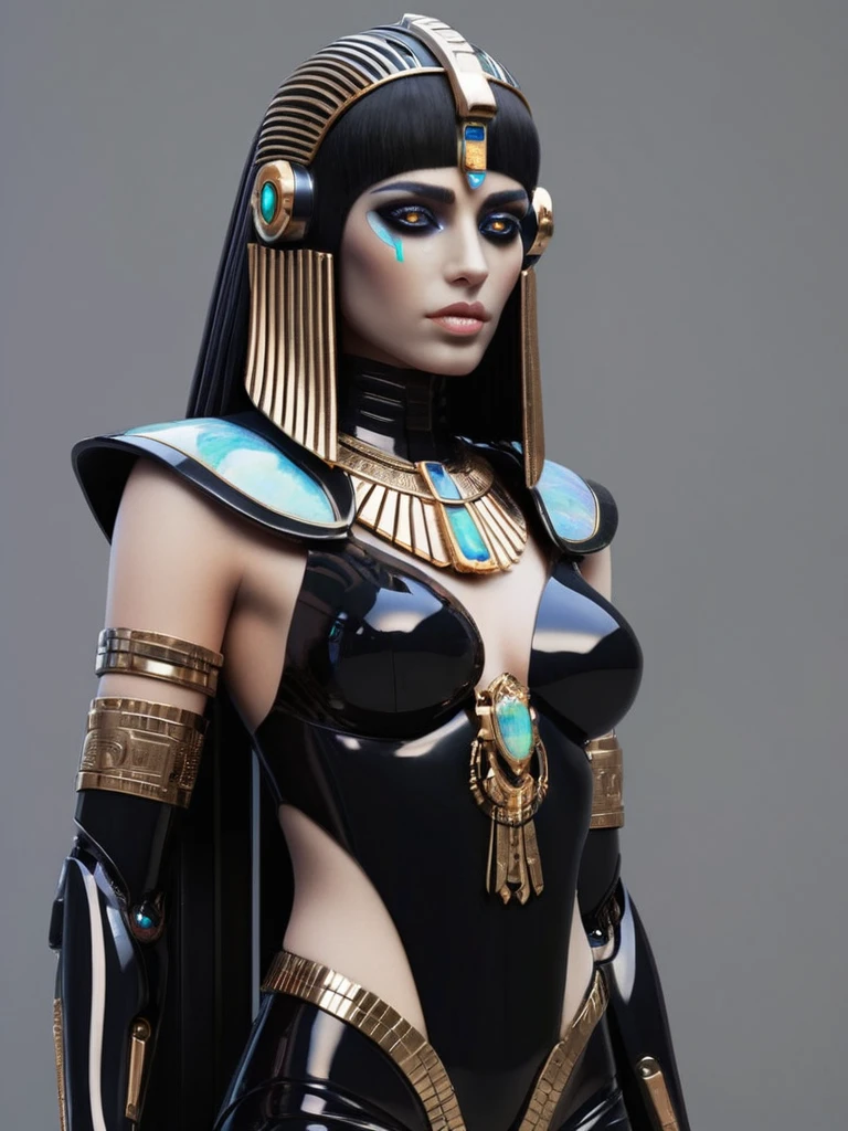 ral-opal, meahophontron, whole body, Woman robot face, futuristic cyberpunk, bust, cleopatra of egypt theme, Egypt background, demonic environment, black clothes