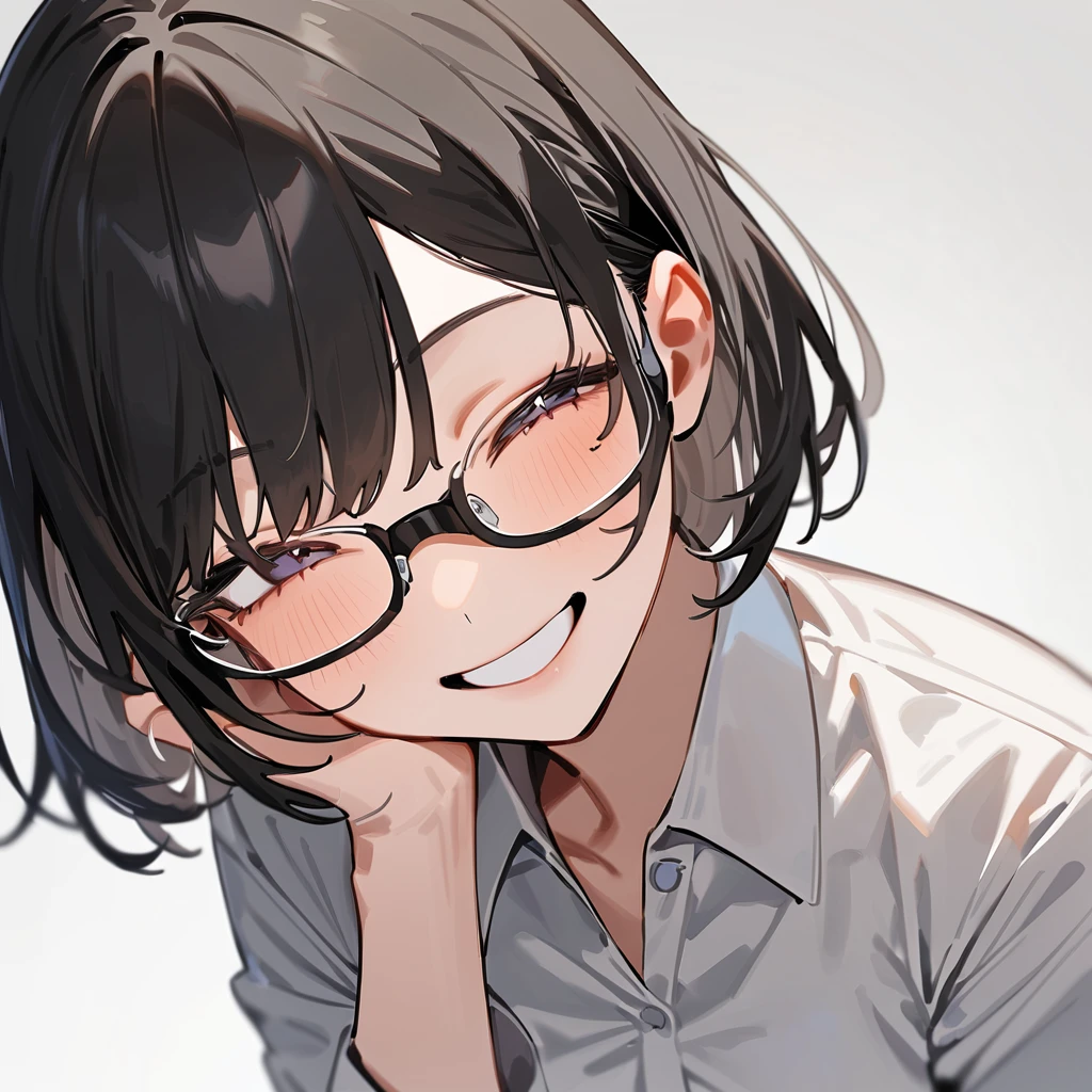 masterpiece, Highest quality, so beautiful, Absurd,
One girl, alone, Black Hair, Bobcut,
Thermont 16A, Glasses,
Collared shirt, Happy, smile, View your viewers, Glassesの調整, White Background, Simple Background,