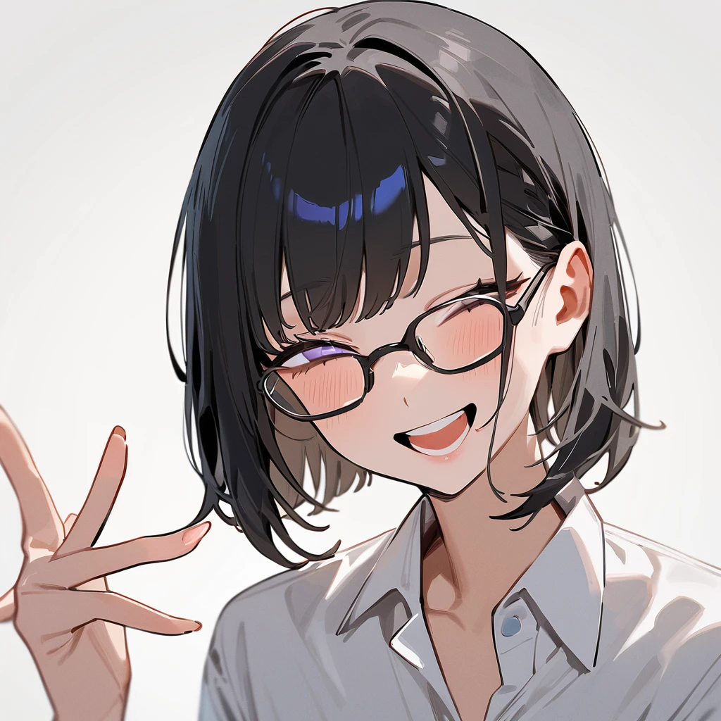 masterpiece, Highest quality, so beautiful, Absurd,
One girl, alone, Black Hair, Bobcut,
Thermont 16A, Glasses, 
Collared shirt, Happy, smile, View your viewers, Glassesの調整, White Background, Simple Background,
 