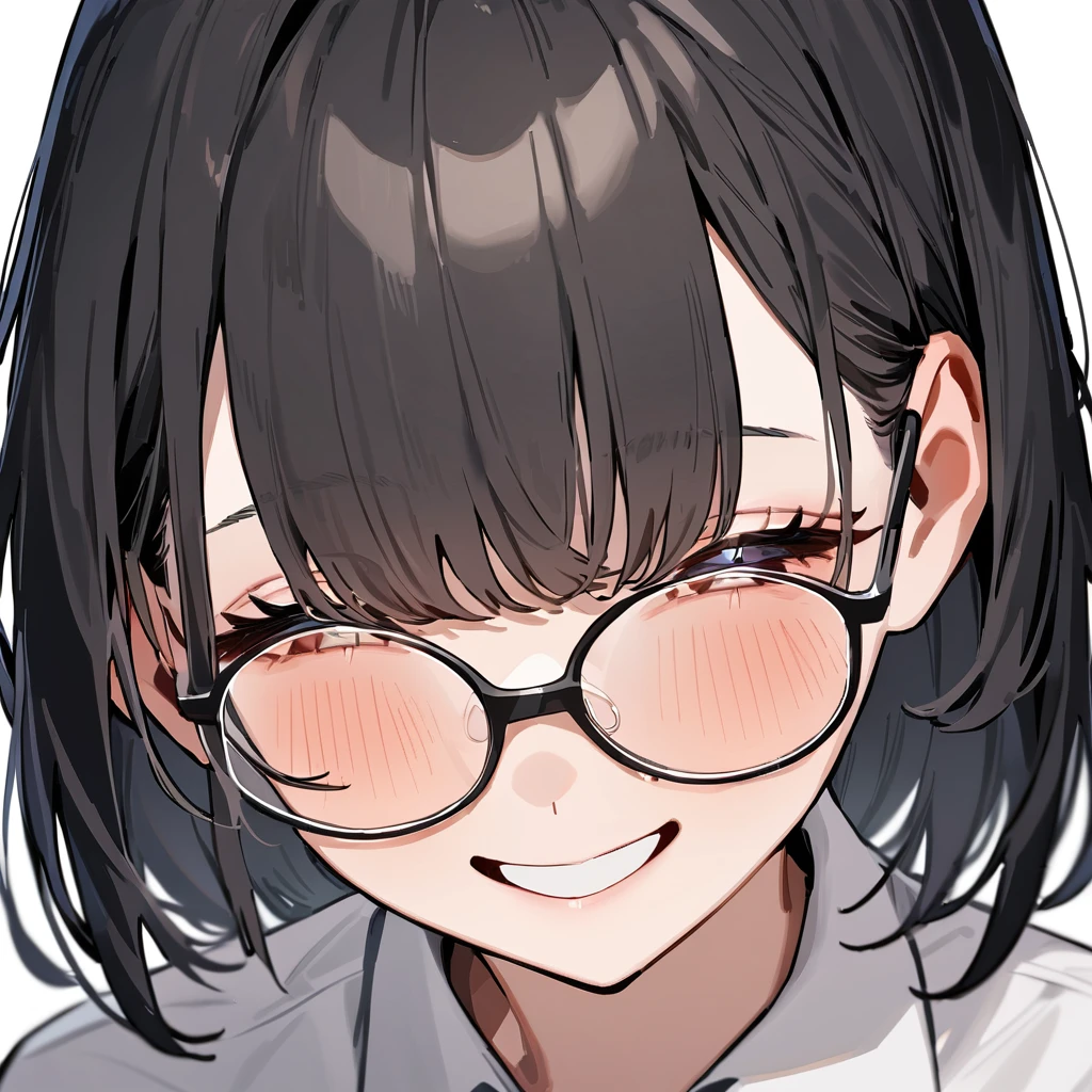 masterpiece, Highest quality, so beautiful, Absurd,
One girl, alone, Black Hair, Bobcut,
Thermont 16A, Glasses, 
Collared shirt, Happy, smile, View your viewers, Glassesの調整, White Background, Simple Background,
 