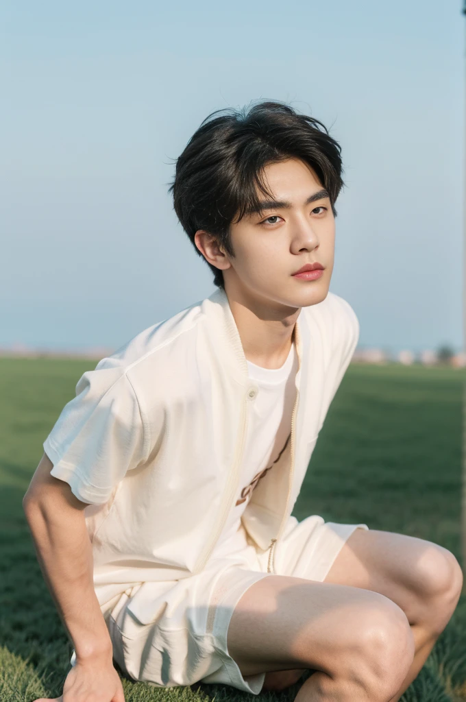 Asian muscular boy sitting on grass, sexy, Dark eyebrows, white shirt, wearing white thong high cut underwaer, white high cut Jockstrap, muscular young male, mid shot portrait, high quality portrait, Attractive pose, cute young man, gorgeous young model, portrait a 25 - year - old boy, casual photography, Realistic. Cheng Yi, cute young man, ((wearing micro string thong))