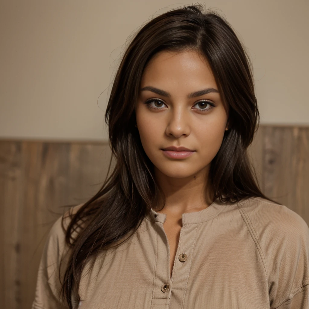 brune, tanned, slick hair, Brown eyes, from front shot