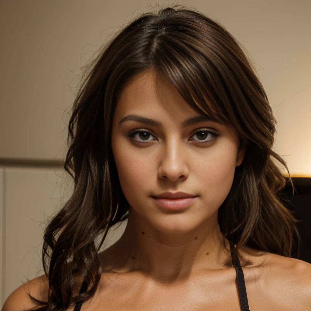 brune, tanned, slick hair, Brown eyes, from front shot