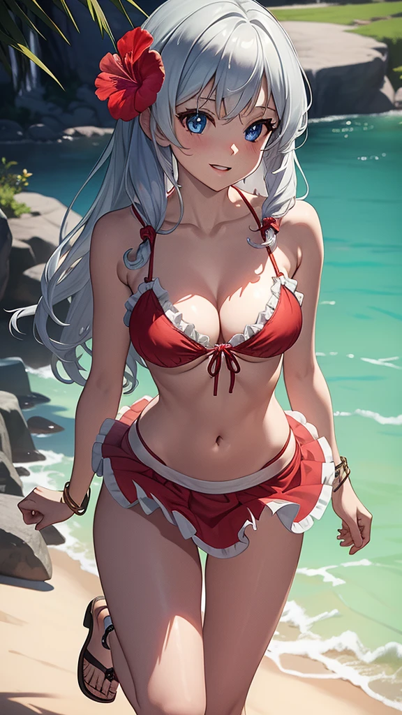 masterpiece, best quality, 1 solo girl, silver hair, blue eyes, long hair, medium breasts, sexy body and face, wavy hair, smile, parted lips, bikini, red bikini skirt, navel, sandals, cleavage, collarbone, bare shoulders, jewelry, bracelet, blue scarf, ribbon, hibiscus, frills, sleeveless, hair flower, toeless footwear, outdoors, summer, sexy pose, cowboy shots, detailed body, face, and eyes, sharp focus, vibrant, creative, dynamic, high definition, high resolution, 8k, (Upscale: R-ESRGAN 4x+ Anime6mage enchance:4x), voluptuous body, cinema lightning, dakimakura style, looking at the viewer, drill hair, twin drills