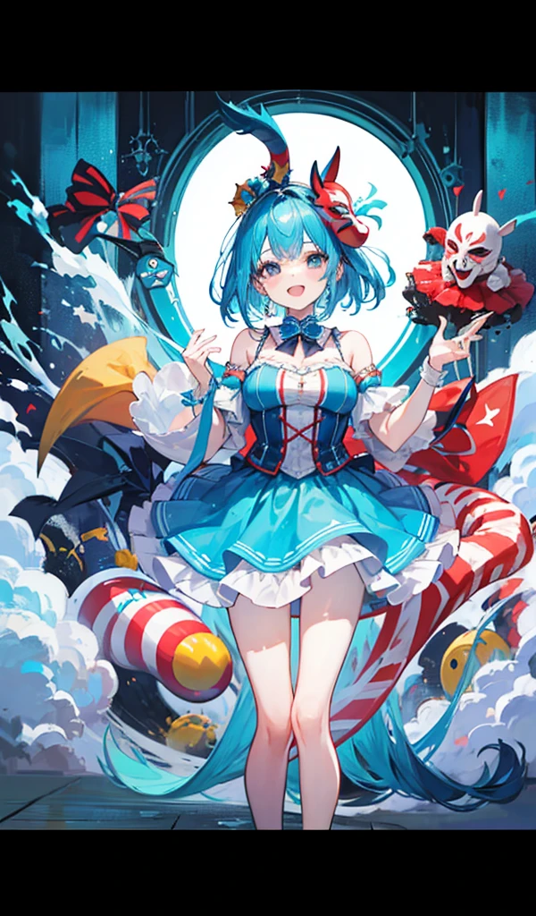 Circus clown style sweet girl,Blue,Super cute,clown mask,Perfect face,Double tail,Blue and white skirt,Laughter and ridicule,Sadistic,Sense of Madness,Horror,Elusive