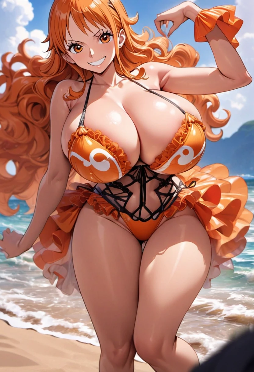 masterpiece, best quality), intricate details, 1 girl, woman, orange hair, nami \ (one piece\), (long hair), clothes, wearing burlesque dress, beach, scenery, ((front view)) ((close up shot)) ((solo)), detailed, very high resolution, no blurry image, full body, orange eyes, sligh wavy hair, ((nami from one piece)) ((female nami from one piece)), (swimsuit), ((huge breasts)), smiling