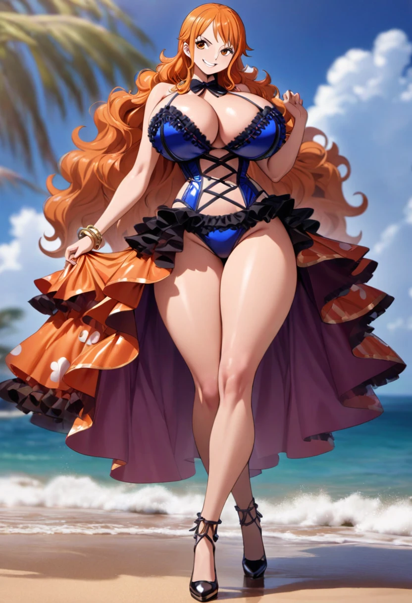 masterpiece, best quality), intricate details, 1 girl, woman, orange hair, nami \ (one piece\), (long hair), clothes, wearing burlesque dress, beach, scenery, ((front view)) ((close up shot)) ((solo)), detailed, very high resolution, no blurry image, full body, orange eyes, sligh wavy hair, ((nami from one piece)) ((female nami from one piece)), (swimsuit), ((huge breasts)), smiling