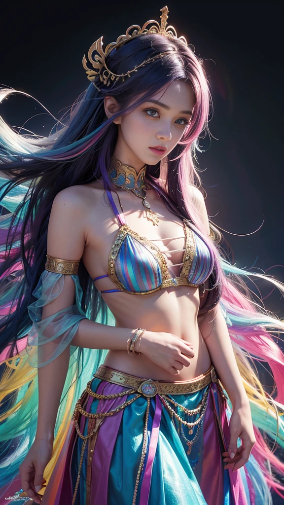 model shoot, (1 girl), long hair, rainbow hair, Islamic warrior, rainbow outfit, laces, shining:1.5, hyper realistic, super detailed, Dynamic shot, masterpiece, scene sharp détails, perfect eyes, perfect skin, perfect hands, attractive poses,