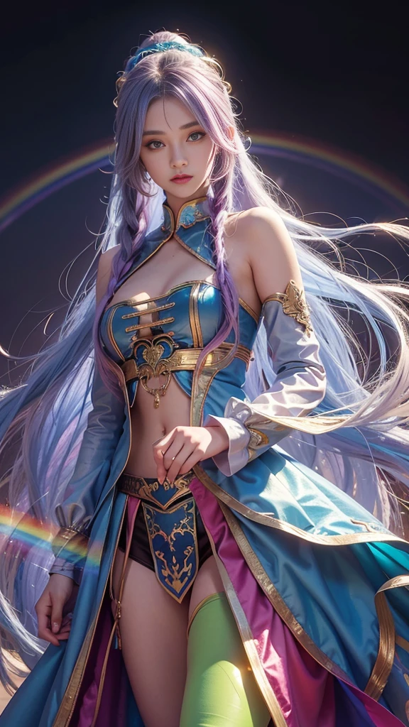 model shoot, (1 girl), long hair, rainbow hair, Islamic warrior, rainbow outfit, laces, shining:1.5, hyper realistic, super detailed, Dynamic shot, masterpiece, scene sharp détails, perfect eyes, perfect skin, perfect hands, attractive poses,