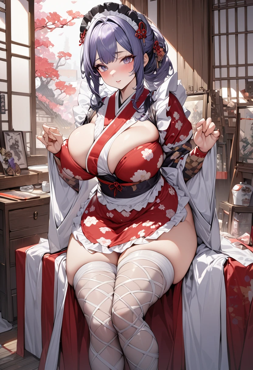 Young beautiful woman,(Highest quality,Extremely detailed depiction,Incredibly absurd high resolution,Anatomically accurate depiction,)(Japanese style maid),A gorgeously patterned kimono,Maid clothes,Maid&#39;s Headband,pantyhose,latex,eyelash,Brightly glowing purple eyes,There is cleavage in the chest,Black Hair,Perfect body,Seductive gestures,background:Japanese-style room at night