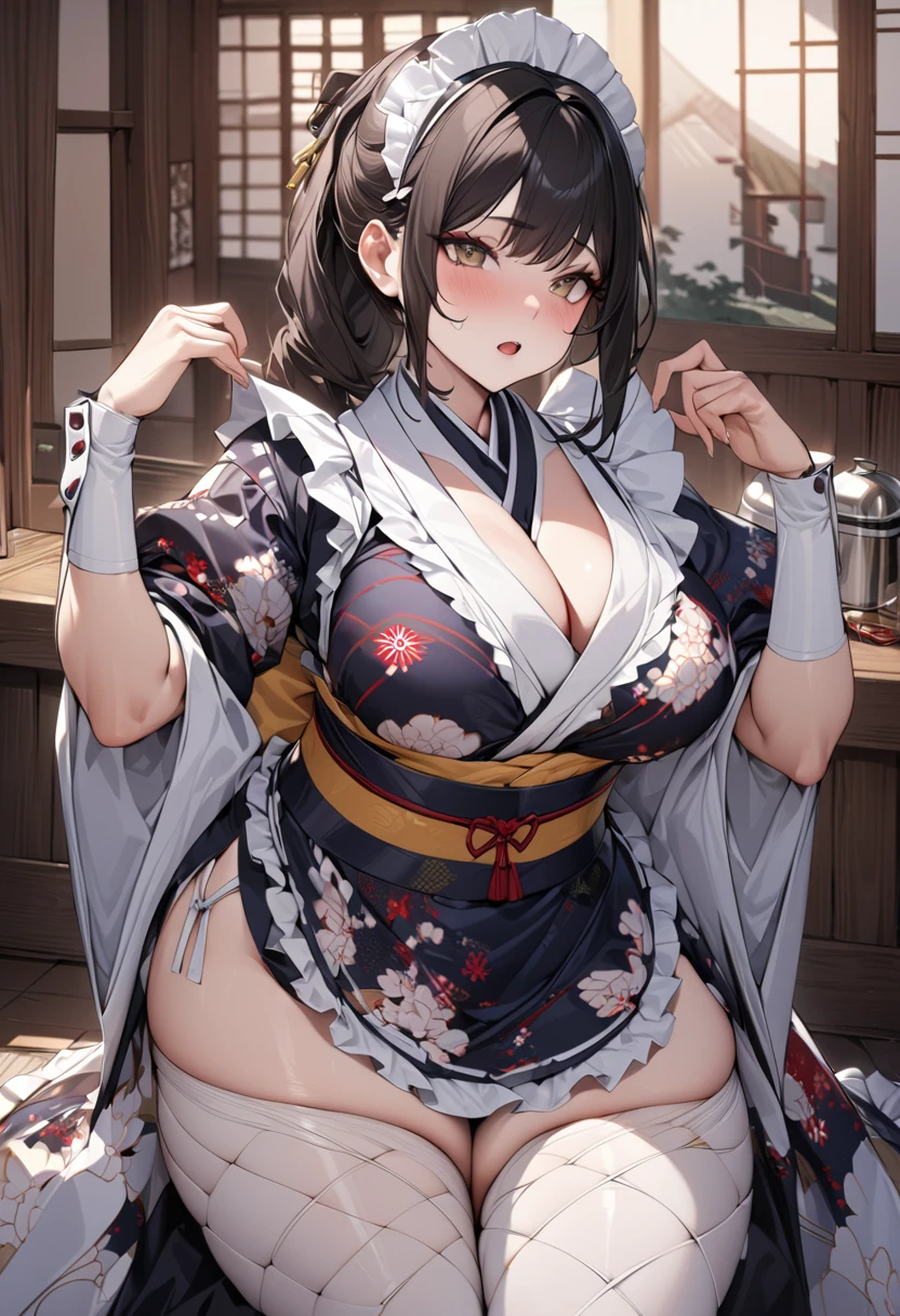 Young beautiful woman,(Highest quality,Extremely detailed depiction,Incredibly absurd high resolution,Anatomically accurate depiction,)(Japanese style maid),A gorgeously patterned kimono,Maid clothes,Maid&#39;s Headband,pantyhose,latex,eyelash,Brightly glowing purple eyes,There is cleavage in the chest,Black Hair,Perfect body,Seductive gestures,background:Japanese-style room at night