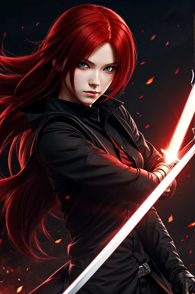 Create an anime character with red hair and red eyes, wearing a black shirt, holding a lighted sword.