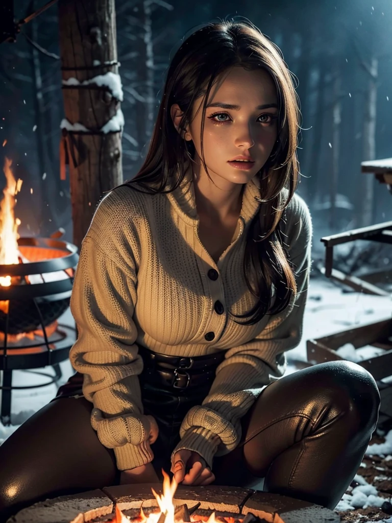 a woman with severe injuries sitting near a campfire in a destroyed snowy cityscape, beautiful detailed eyes, beautiful detailed lips, extremely detailed eyes and face, long eyelashes, beautiful female portrait, trending on artstation, 8k, best quality, ultra-detailed, realistic, photorealistic, HDR, UHD, studio lighting, ultra-fine painting, sharp focus, physically-based rendering, extreme detail description, professional, vivid colors, bokeh, cinematic lighting, dramatic, moody, dark, somber