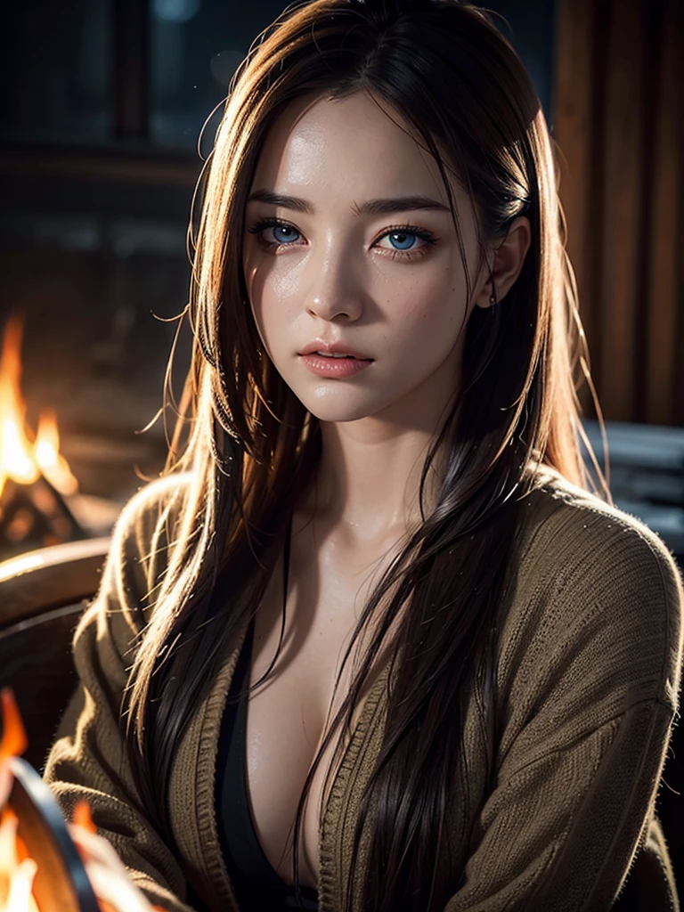 a woman with severe injuries sitting near a campfire in a destroyed snowy cityscape, beautiful detailed eyes, beautiful detailed lips, extremely detailed eyes and face, long eyelashes, beautiful female portrait, trending on artstation, 8k, best quality, ultra-detailed, realistic, photorealistic, HDR, UHD, studio lighting, ultra-fine painting, sharp focus, physically-based rendering, extreme detail description, professional, vivid colors, bokeh, cinematic lighting, dramatic, moody, dark, somber