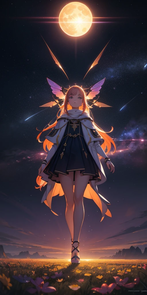 expansive landscape photograph , (a view from below that shows sky above and open field below), a girl standing on flower field looking up, (full moon:1.2), ( shooting stars:0.9), (nebula:1.3), distant mountain, tree BREAK
production art, (warm light source:1.2), (Firefly:1.2), lamp, lot of purple and orange, intricate details, volumetric lighting BREAK
(masterpiece:1.2), (best quality), 4k, ultra-detailed, (dynamic composition:1.4), highly detailed, colorful details,( iridescent colors:1.2), (glowing lighting, atmospheric lighting), dreamy, magical, (solo:1.2)