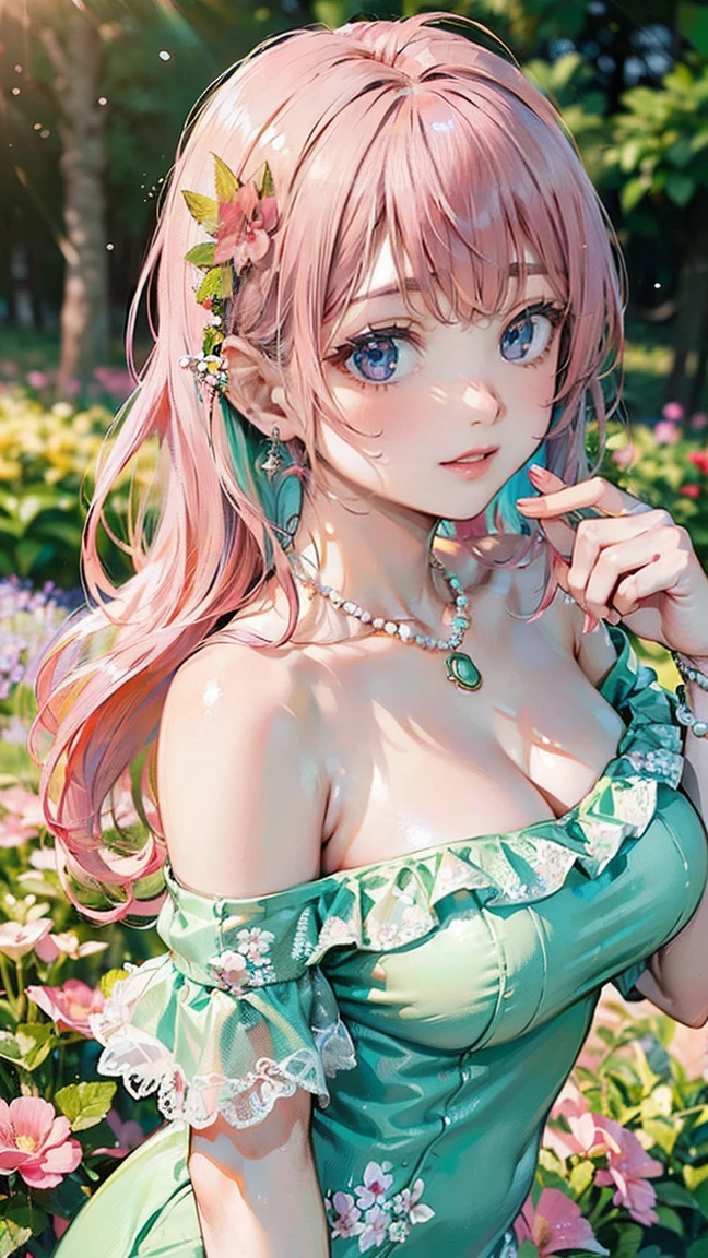 (Masterpiece, BestQuality:1.3), (ultra detailed:1.2), (hyperrealistic:1.3), (RAW photo:1.2), High detail RAW color photo, professional photograph, (Photorealistic:1.4), (realistic:1.4), (Pink Hair:1.5), professional lighting, perfect anatomy, (Big Breasts:1.2), (blush, detailed face), (cheerful Smile:1.5), Trending Hair&Trending Hairカラーをランダムに, earrings, necklace, bracelet, sexly, erotic sexly, Random sexy gravure poses, (A beautiful, refreshing girl wearing a mint green off-shoulder dress、Smiling while picking flowers in a flower field、Pearl Earrings、Pose with flowers in hand。: 1.3)