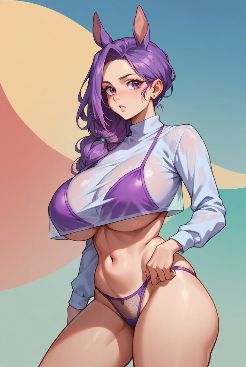 sunset　Purple Hair　Side bust　Underbust　Huge breasts　Long sleeve　Purple Bikini　See-through panties　Detailed Background　girl１people　View your viewers　ponytail　Horse Girl　