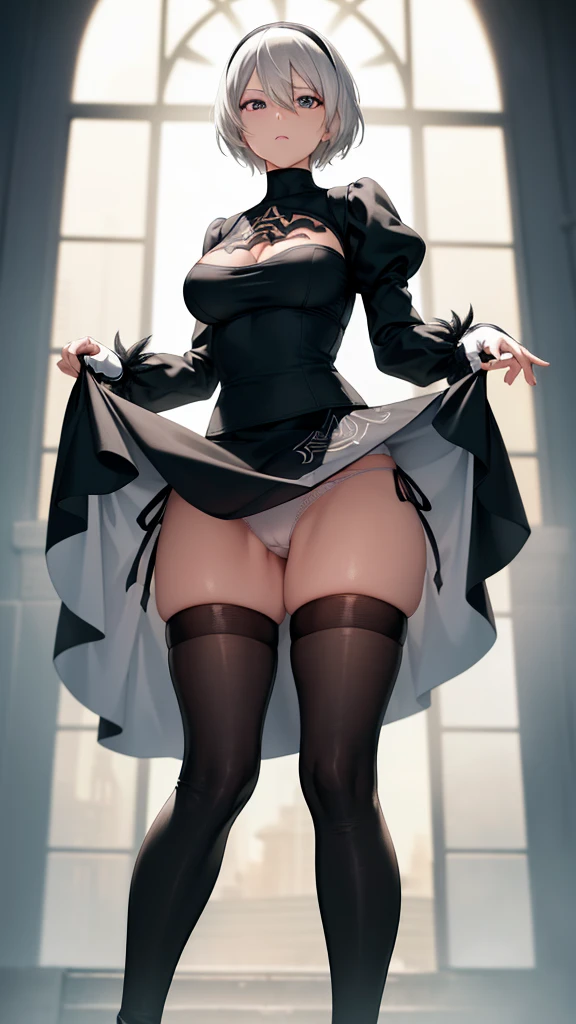 2b, 2b, black hairband, shairband, Short hair, White hair,Blake Black Skirt, black thighhighs, long boots, cleavage cutout, Clothes Cutout, shairband, high-heels, Long sleeves, , side slits, Skirt, Thigh boots, thighs thighs thighs thighs,BREAK looking at viewer, Full body,BREAK outdoors,BREAK (masutepiece:1.2), Best Quality, High resolution, Unity 8k Wallpaper, (Illustration:0.8), (Beautiful detailed eyes:1.6), extra detailed face, Perfect Lighting, extremely details CG, (Perfect hands, Perfect Anatomy),、(Skirt lift:1.3), (White panty:1.3)、(Skirt that rolls up:1.3)、(Fully exposed panties:1.5)