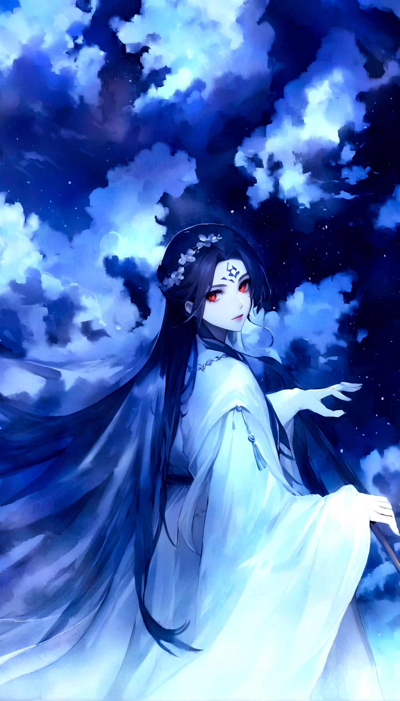 Red eyes Carmencin wavy blonde hair white skin a white tunic with light blue clouds would be serious and serene has a light blue ribbon with cloud symbols on her forehead