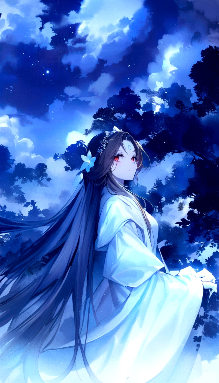 Red eyes Carmencin wavy blonde hair white skin a white tunic with light blue clouds would be serious and serene has a light blue ribbon with cloud symbols on her forehead