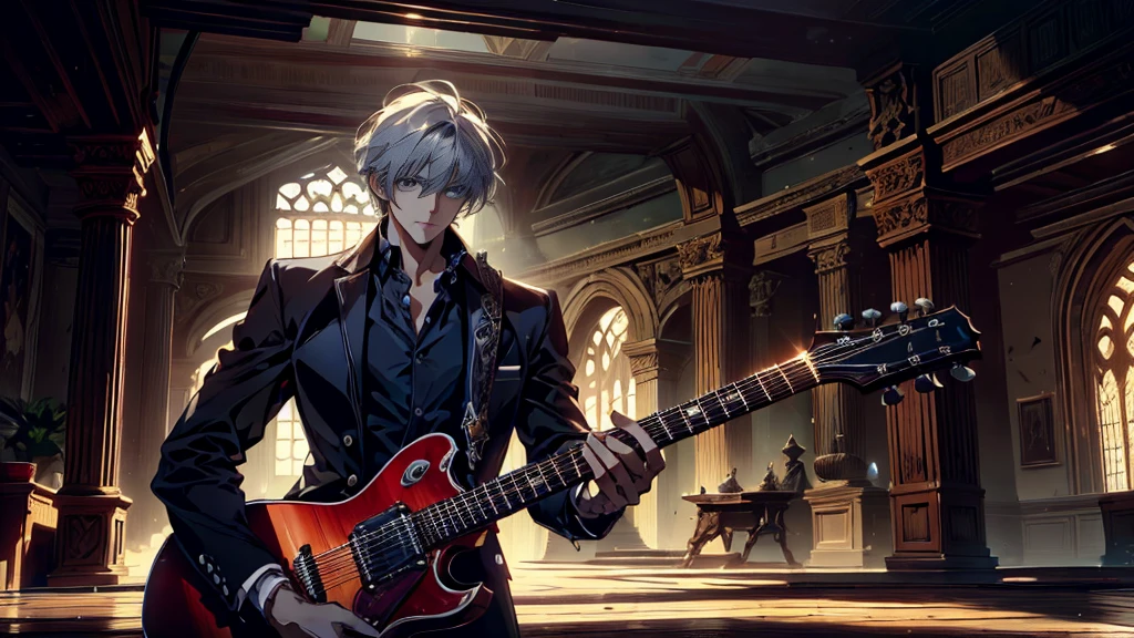 "best quality , High quality , The best details ,Portrait of a passionate guitarist,father, in the bedroom,A place where sunlight shines through , Create a play of light and shadow.. Guitarist holding a wooden guitar, inside the room, striking black shirt. Mesmerizing performance moments, Musicians immerse themselves in music.,beautiful sky,a young man,short hairstyle, blue eyes, handsome, father,Wear a wedding ring on the finger,have a wife,White-haired woman, blue eyes"