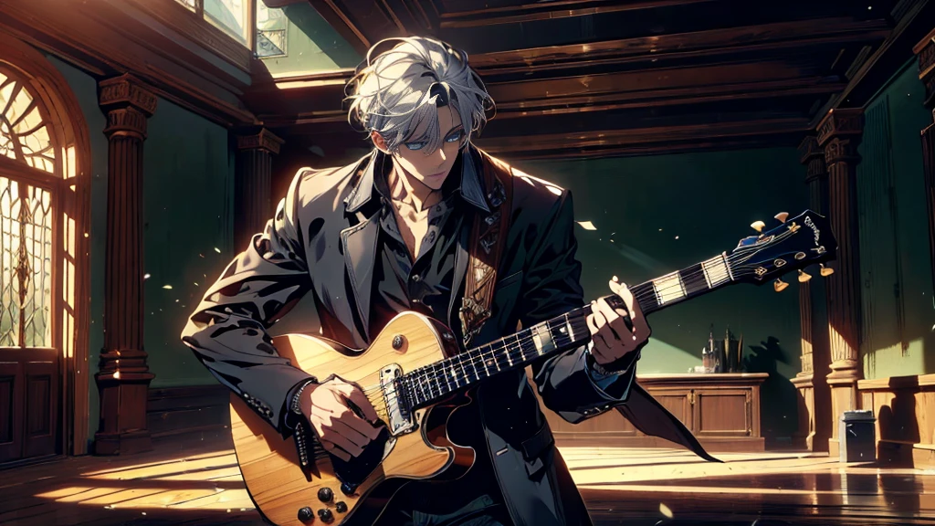 "best quality , High quality , The best details ,Portrait of a passionate guitarist,father, in the bedroom,A place where sunlight shines through , Create a play of light and shadow.. Guitarist holding a wooden guitar, inside the room, striking black shirt. Mesmerizing performance moments, Musicians immerse themselves in music.,beautiful sky,a young man,short hairstyle, blue eyes, handsome, father,Wear a wedding ring on the finger,have a wife,White-haired woman, blue eyes"