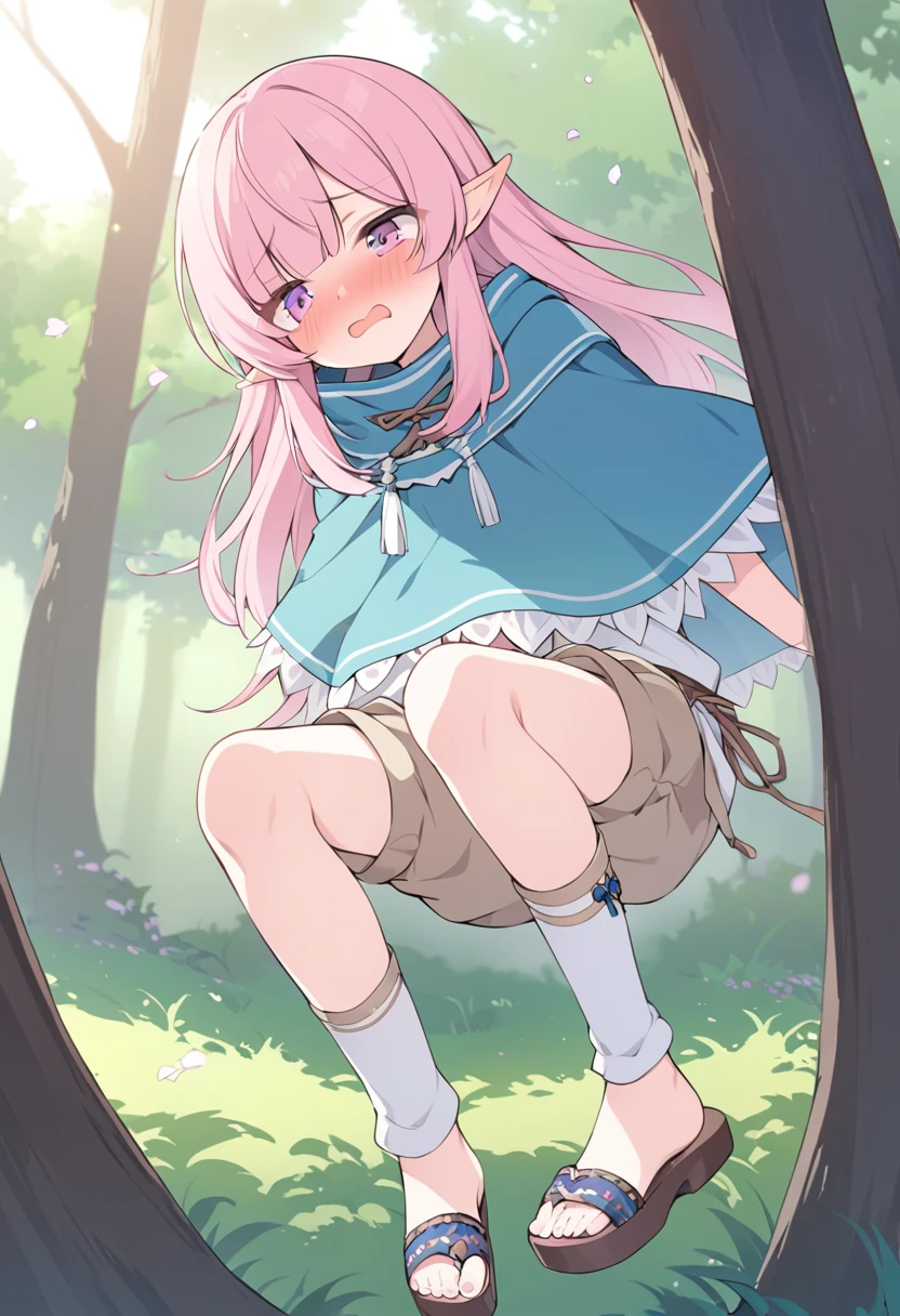 BREAK Perfect Anatomy、(High resolution:1.2)、Incredible illustrations、(Cute illustrations:1.2)、
（Beautiful background（deep in the forest))
 1 girl((multicolored pink hair hair,(bangs over eyes), embarrassed)1girl((a girl,elf 1.5meters, 25kg,18 years old female, 
((tunic,poncho,(loose pants,bloomers),thigh-high socks, sandals),　（ソフトクリームを食べる）
