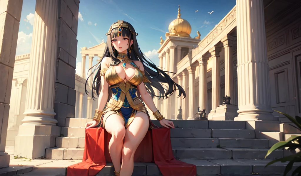 ((Highest quality)), ((masterpiece)), (detailed), Beautiful Cleopatra, Very ,celtic costume,Big temple,desert,Attractive pose