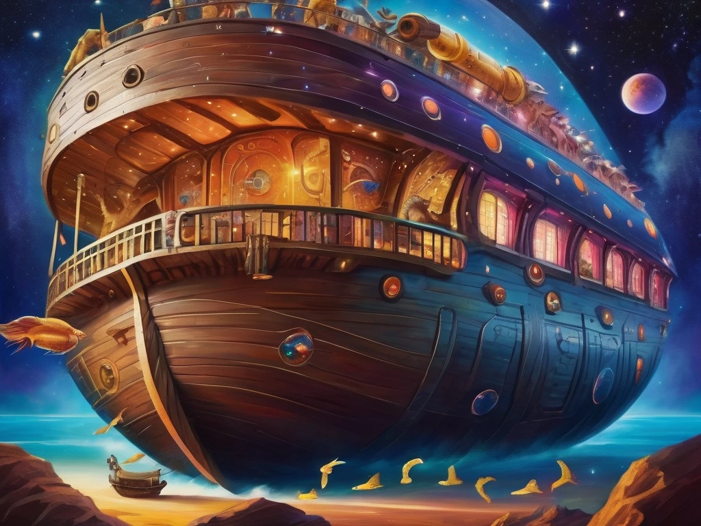 (Expressionism:1.3), (retrofuturistic spaceship in the shape of Noah's Ark:1.2) with portholes and cannons, (exotic animals around), fishes, amidst the vast cosmos of thoughts and ideas, breathtaking, shiny stars, vivid colors, cosmic scenery