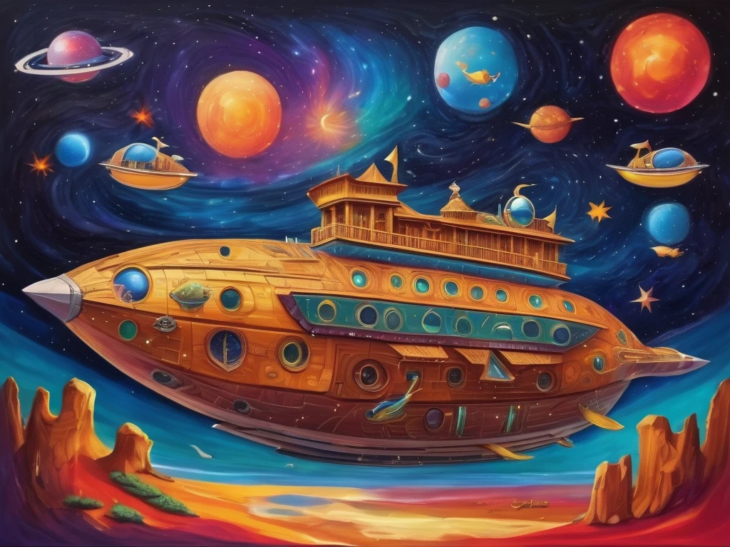 (Expressionism:1.3), (retrofuturistic spaceship in the shape of Noah's Ark:1.2) with portholes and cannons, (exotic animals around), fishes, amidst the vast cosmos of thoughts and ideas, breathtaking, shiny stars, vivid colors, cosmic scenery