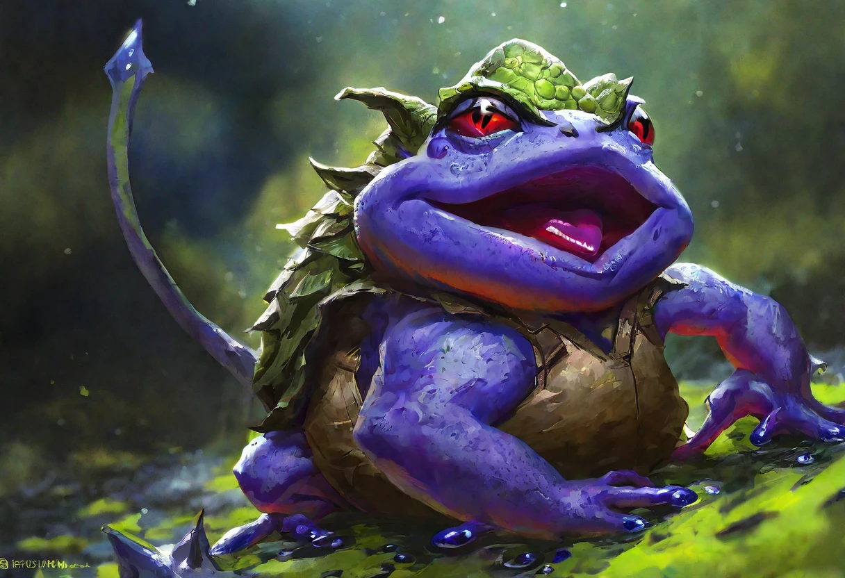 A large, fuzzy, colorful, goblin-sized toad, Very detailed, Realistic, Beautiful attention to detail, Beautiful lip detail, Very detailed face, Long eyelashes, Patiently waiting for a group of goblins to lick up the slime, Several goblins are stoned (Drunk) And fainted nearby, A dark fantasy cave setting, Dramatic lighting, Vibrant colors, Surreal, Concept Art Style