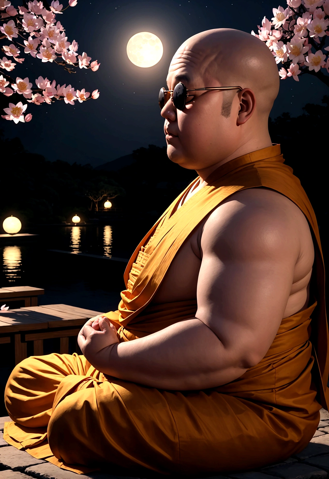 A slightly overweight monk is meditating, Cherry blossom garden at night, Full moon and lotus, close your eyes、The Buddha is watching、Saitama、Round sunglasses、Real、4K