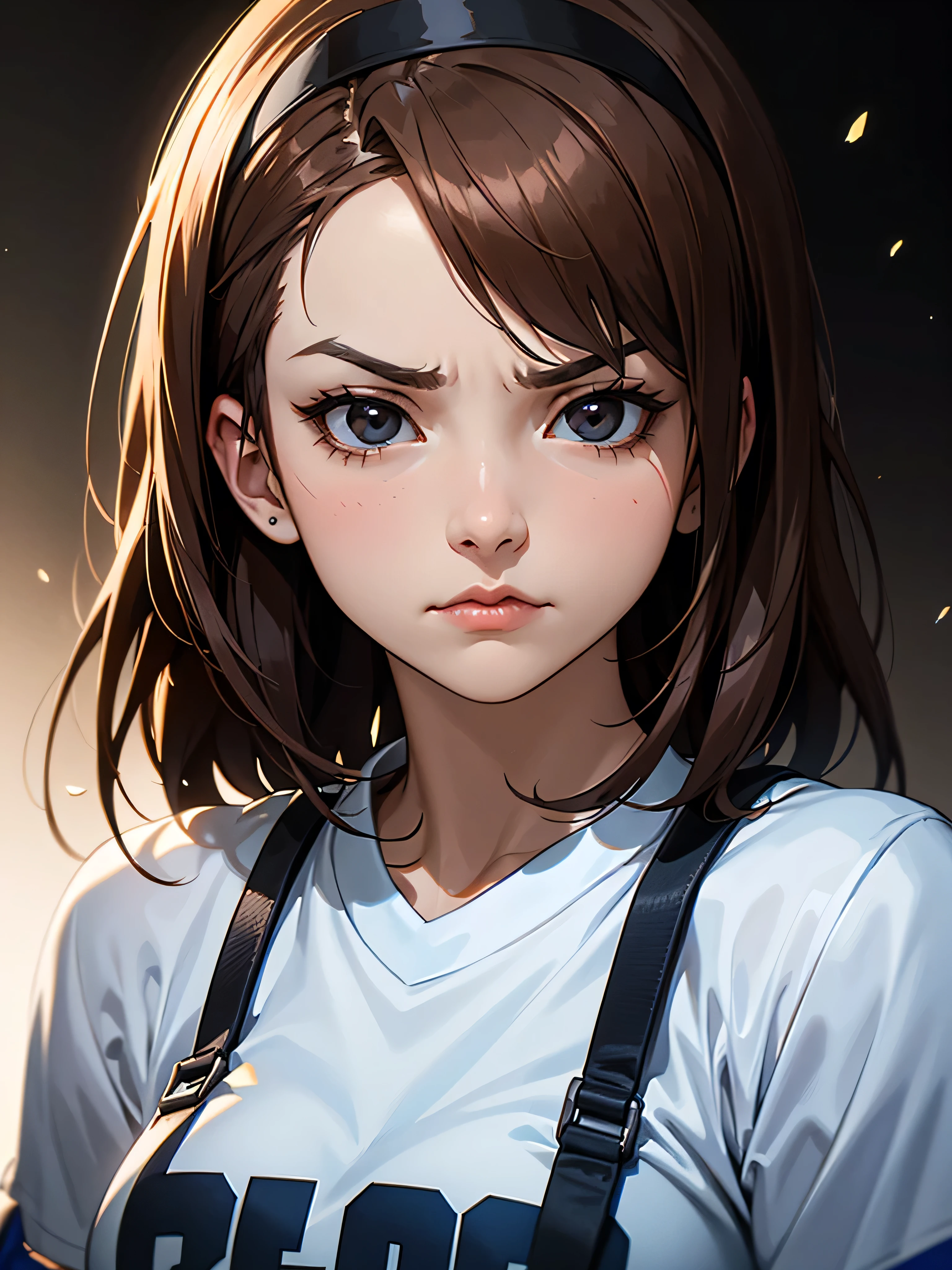 ((Portrait Photo)), She has a Cute and Youthful Childish Appearance, with a Slim Build and Well-Defined Arms. She Expresses a Strong and Determined Look, Frowning, Giving Off a Proud and Defiant Attitude. She has Sharp, Black Eyes, and Her Hair is Short and Tousled, Light Brown, with Strands Falling Over Her Forehead, Held by a Hairband. She Wears an Oversized, Baggy Basketball Shirt, Accentuating Her Slim Frame. ((Portrait Photo, HDR, Dark Background))